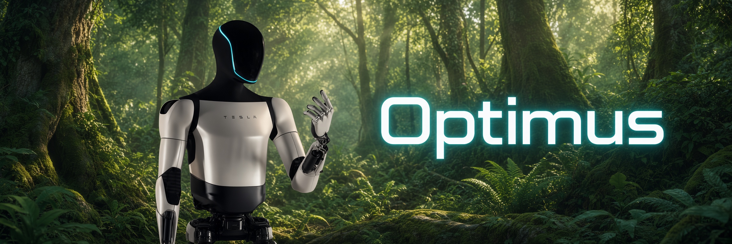 Optimus standing in a sunlit forest